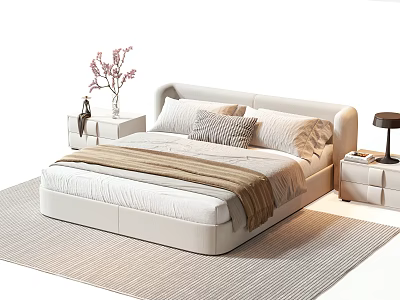 Modern Upholstered Beige Double Bed With Bedside Tables Table Lamp And Flowers 3d model