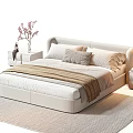 Modern Upholstered Beige Double Bed With Bedside Tables Table Lamp And Flowers
