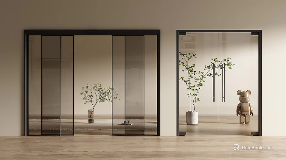 Modern Interior With Sleek Double Glass Doors Black Frame Wooden Floor And Potted Plants 3d model 
