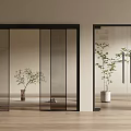 Modern Interior With Sleek Double Glass Doors Black Frame Wooden Floor And Potted Plants