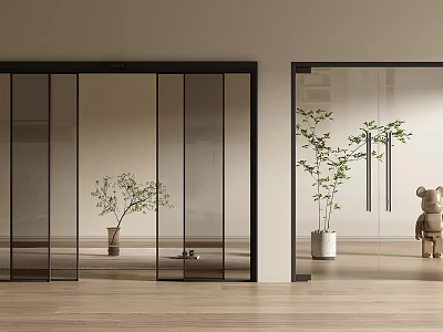 Modern Interior With Sleek Double Glass Doors Black Frame Wooden Floor And Potted Plants 3d model
