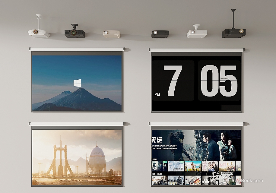 Projection Monitoring System Featuring Ceiling Mounted Projectors Surveillance Cameras And Display Screens 3d model 