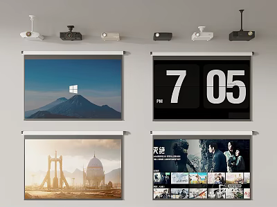 Projection Monitoring System Featuring Ceiling Mounted Projectors Surveillance Cameras And Display Screens 3d model