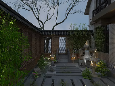Traditional Chinese Garden With Stone Path Bamboo Plants Stone Lanterns And Lattice Windows 3d model