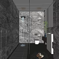 Modern Bathroom Interior With Marble Walls Glass Shower Enclosure Toilet Vanity And Mirror