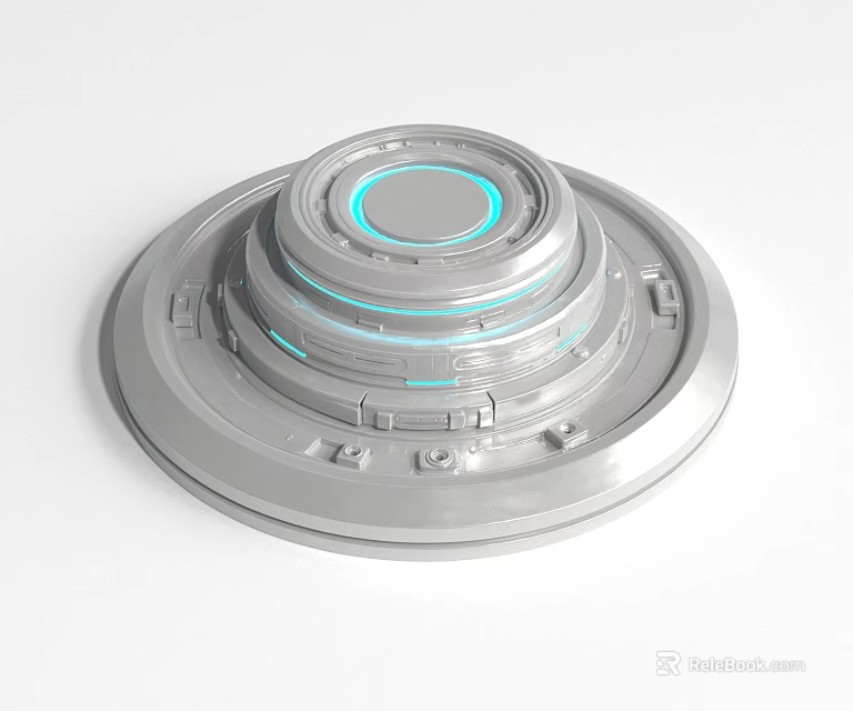 Silver Metallic Activation Device With Layered Circular Design And Blue Glowing Rings 3d model 
