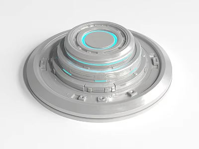 Silver Metallic Activation Device With Layered Circular Design And Blue Glowing Rings 3d model