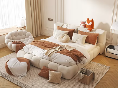 Plush Double Bed Interior With Soft Pillows Warm Blanket Cozy Round Chair And Soft Carpet 3d model