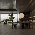 Modern Dining Living Room Interior With Dark Flooring Wooden Cabinets And Grid Partition