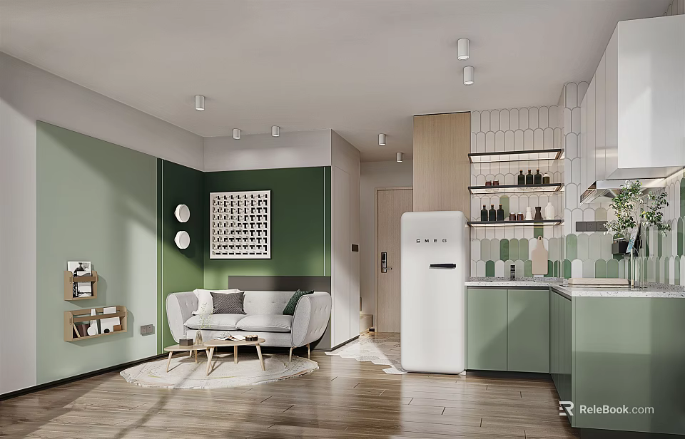 Modern Living Room Interior With Green Walls White Sofa Artwork Circular Lamps And Wooden Flooring 3d model 