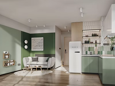 Modern Living Room Interior With Green Walls White Sofa Artwork Circular Lamps And Wooden Flooring 3d model