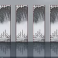 Four Traditional Chinese Hinged Doors With Mountain Water Pattern And Geometric Square Design