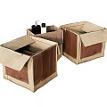 Decorative Ornaments Set With Open Brown Beige Cardboard Boxes And Bottles For Home Decor