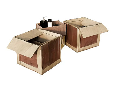 Decorative Ornaments Set With Open Brown Beige Cardboard Boxes And Bottles For Home Decor 3d model
