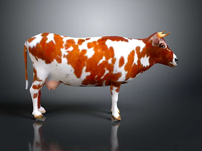 Brown And White Cow Standing On Black Floor With Reflection Against Gray Background 3d model