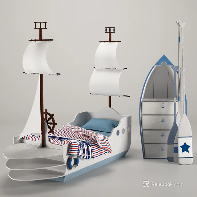 Ship Shaped Kids Bed Featuring White Sails Ship Wheel and Blue Drawers with Oar Star 3d model 