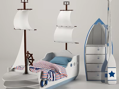 Ship Shaped Kids Bed Featuring White Sails Ship Wheel and Blue Drawers with Oar Star 3d model