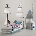 Ship Shaped Kids Bed Featuring White Sails Ship Wheel and Blue Drawers with Oar Star
