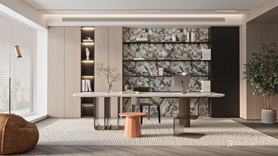 Modern Study Room Interior Design With Open Bookshelves Marble Wall And Round Desk 3d model 