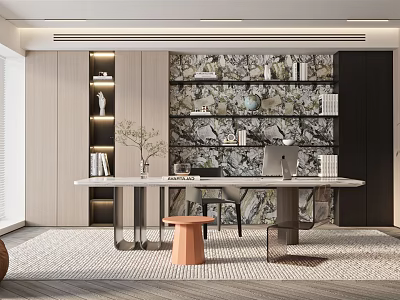 Modern Study Room Interior Design With Open Bookshelves Marble Wall And Round Desk 3d model