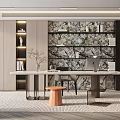Modern Study Room Interior Design With Open Bookshelves Marble Wall And Round Desk