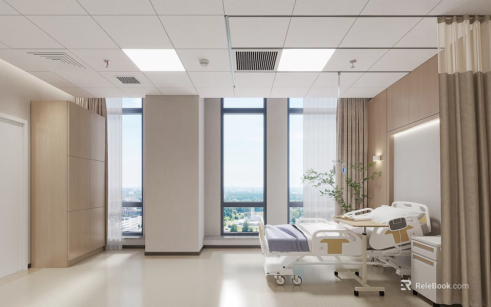 Modern Hospital Outpatient Clinic Interior With Hospital Bed Window View And Green Plant 3d model 