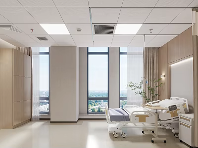 Modern Hospital Outpatient Clinic Interior With Hospital Bed Window View And Green Plant 3d model