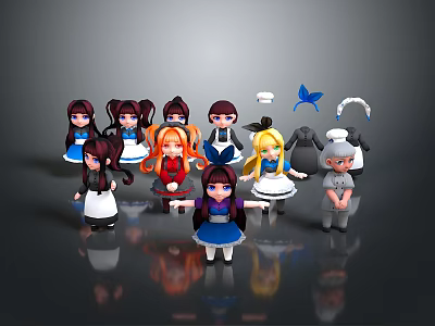 Colorful Cartoon Characters And Animal Roles In Maid Outfits With Various Hair And Hats 3d model