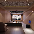 Modern Home Theater Room With Starry Ceiling Comfortable Sofas Projector And Warm Toned Walls