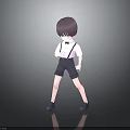 3D Character Model With Purple Short Hair White Shirt Black Suspender Shorts Standing Pose