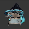 Mythical Female Game Character With Blue Flowing Elements And Ornate Headdress Holding Scroll