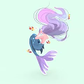 Game Anime Mermaid Character With Long Purple Blue Hair Sparkling Tail And Flying Butterflies Fish
