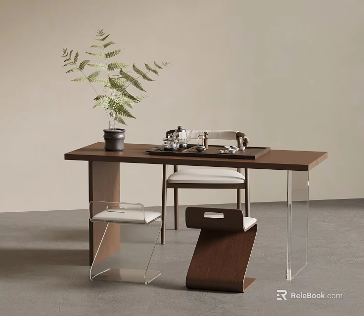 Modern Wooden Tea Table And White Cushioned Chairs With Potted Plant And Tea Set 3d model 