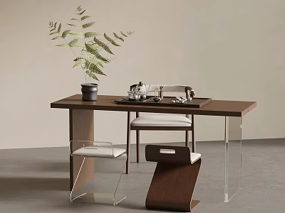 Modern Wooden Tea Table And White Cushioned Chairs With Potted Plant And Tea Set 3d model