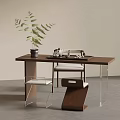 Modern Wooden Tea Table And White Cushioned Chairs With Potted Plant And Tea Set