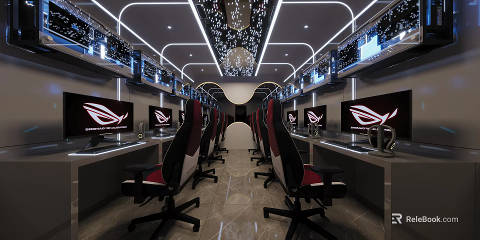 Modern Internet Cafe Interior Design With Gaming Computers Ergonomic Chairs And Stylish Lighting 3d model 