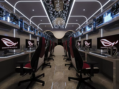Modern Internet Cafe Interior Design With Gaming Computers Ergonomic Chairs And Stylish Lighting 3d model