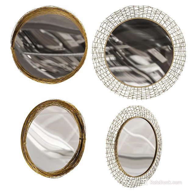 Round and Oval Mirrors with Golden Frames and Metal Mesh Borders Reflective Surfaces 3d model 