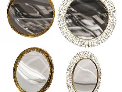 Round and Oval Mirrors with Golden Frames and Metal Mesh Borders Reflective Surfaces 3d model