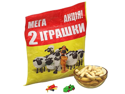Meta 2 Praski Crunchy Nut Snack Bag With Cartoon Sheep And Bowl Of Nuts 3d model