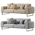 Beige And Gray Two Seater Velvet Sofa With Channel Tufted Arms Gold Legs And Pillows