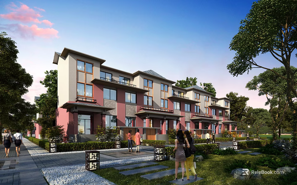 Modern Detached Villa Exterior Design With Greenery Trees Pathway And Courtyard 3d model 