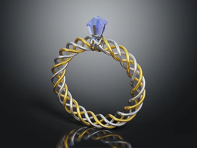 Fashionable Gold Silver Braided Ring With Blue Gemstone On Top Design 3d model