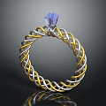 Fashionable Gold Silver Braided Ring With Blue Gemstone On Top Design