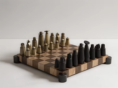 Chess Entertainment With Classic Wooden Chessboard And Metallic Black Gold Pieces Setup 3d model