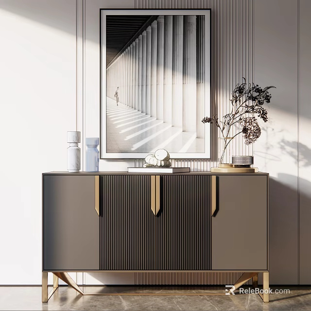 Modern Entryway Side Cabinet With Decorative Painting Vase And Stylish Handles 3d model 