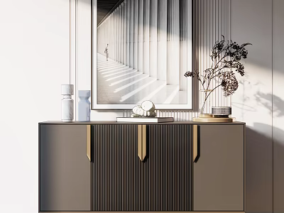 Modern Entryway Side Cabinet With Decorative Painting Vase And Stylish Handles 3d model