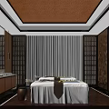 Cozy SPA Sauna Interior Design With Massage Beds Blue Curtains Wooden Screens And Ceiling Lighting