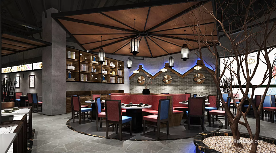 Hot Pot Restaurant Interior Design With Lantern Lights Wooden Tables And Brick Decor 3d model 