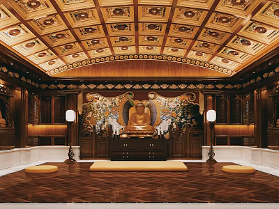 Buddhist Temple Interior With Golden Buddha Statue Ornate Ceiling Wooden Structures And Prayer Cushions 3d model